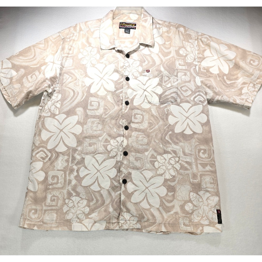 Quiksilver Mens XL Tan Floral Tropical Hawaiian Boardriding Button Down Shirt